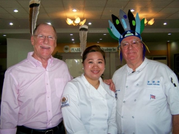 Local British chef and NDB contributor Robert Harland (right) at the taping on Friday of the latest episode of his TV cooking show, Culinary Travels, which is produced by Amazing Planet of Iloilo and aired throughout the  Western Visayas on SkyCable. This new episode features Native American Indian cooking; the first time it's believed this type of cuisine has been featured on television in the Philippines. Pictured with him are (l-r) special guest, New Yorker Craig Scharlin, and guest chef, Shangri-La Chua, president of the Pearl Mansions Skills Academy in Bacolod City.